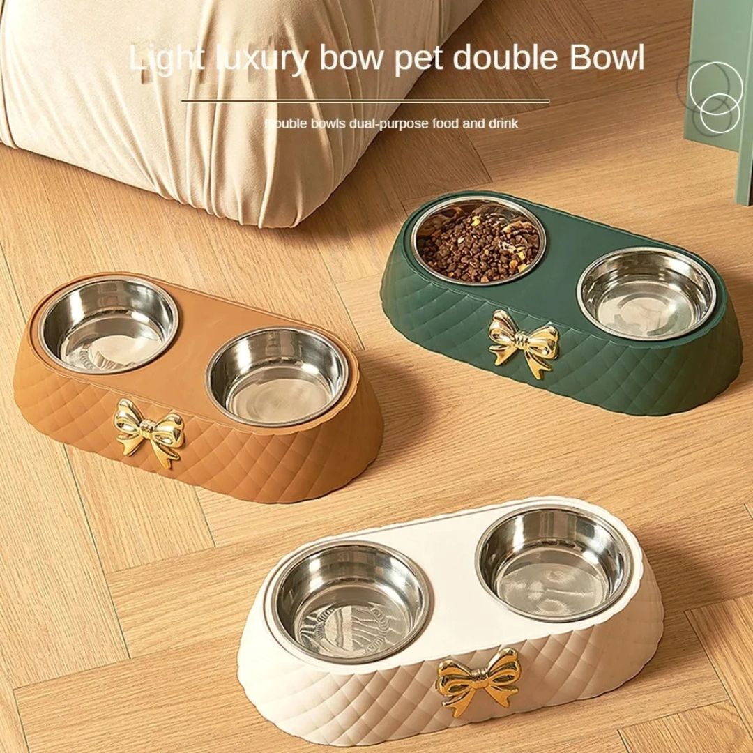 Comedero doble de  acero inoxidable con base antideslizante para perros